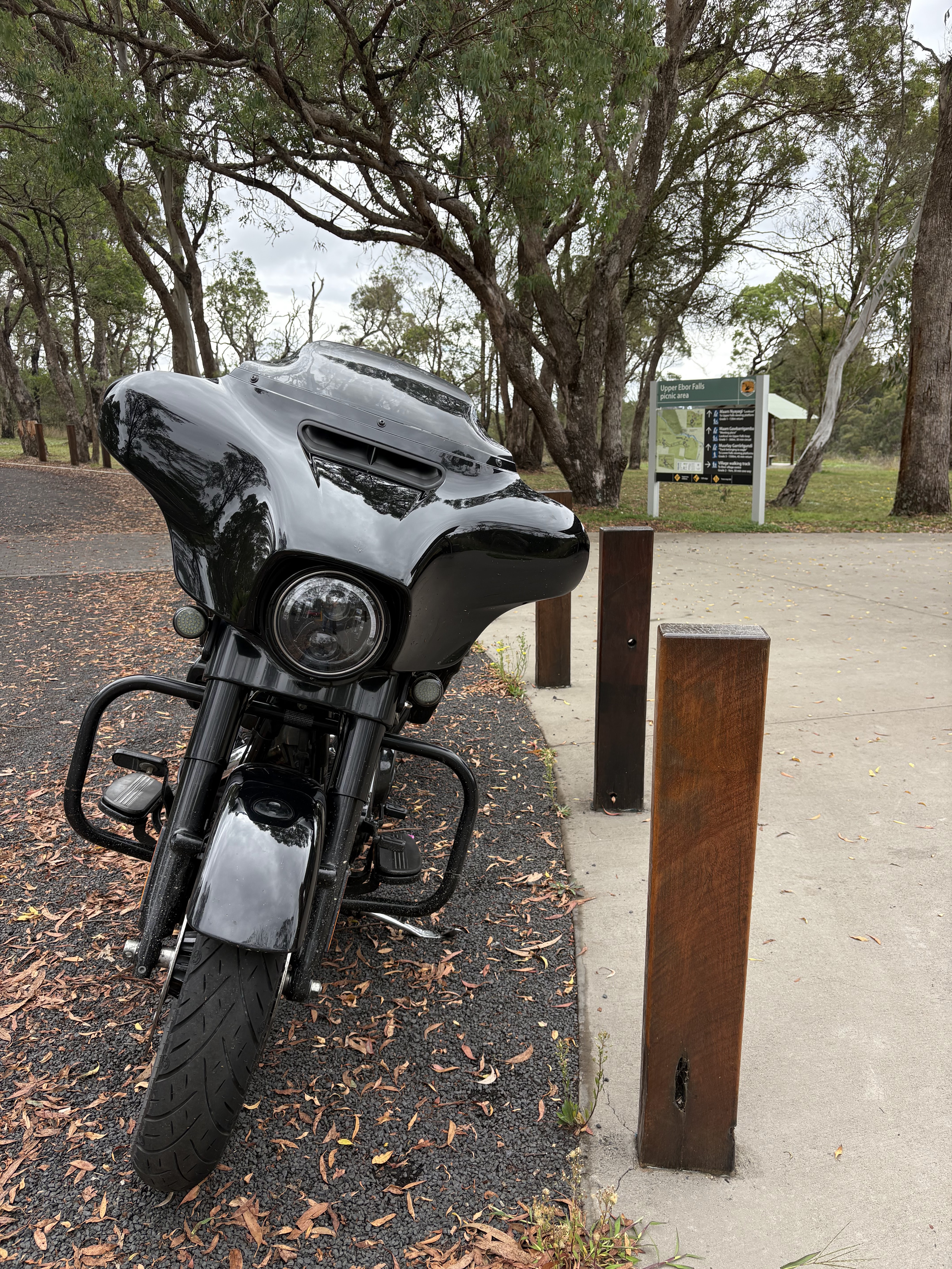 The Harley parked up at the Ebor Falls picnic area