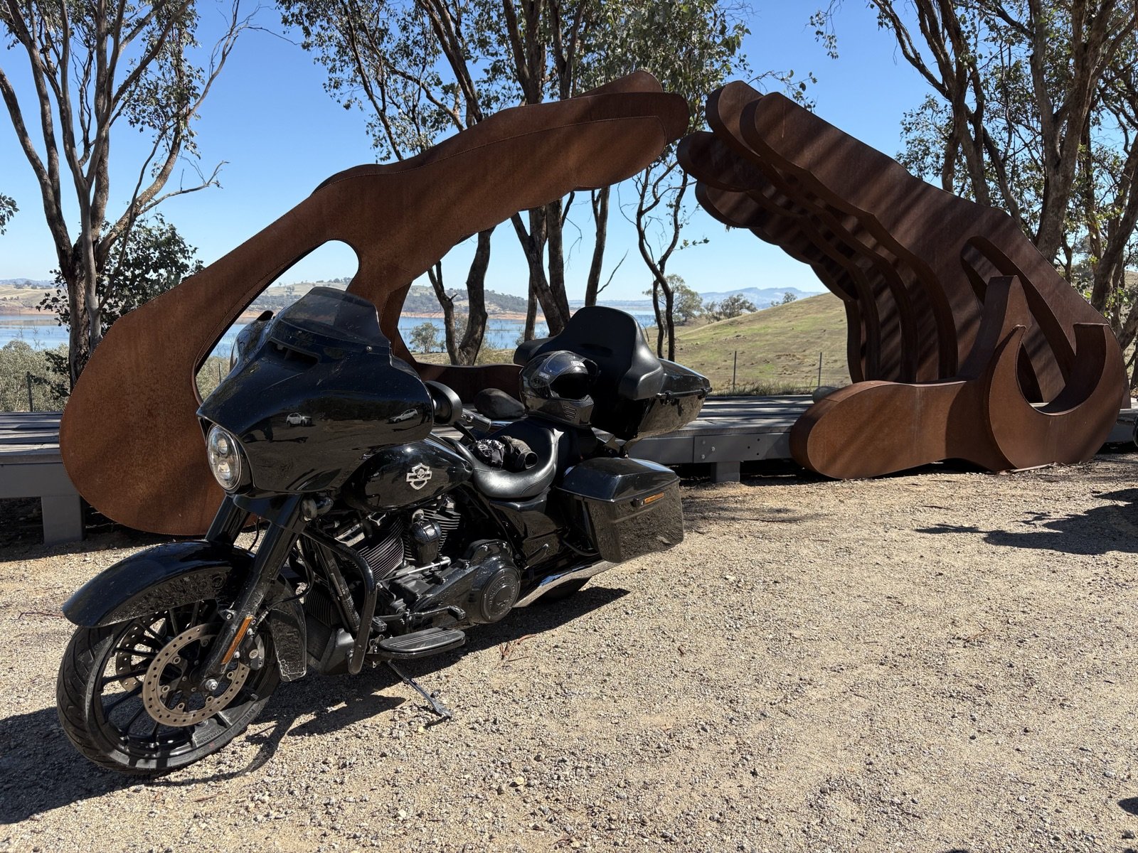 The Street Glide at the "Are We There Yet?" sculpture, Lake Hume stretching out behind