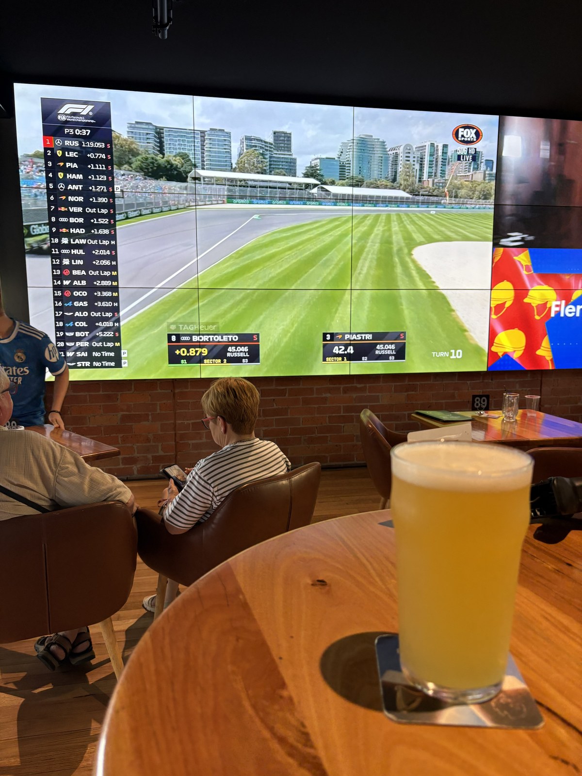 Cold one and the Grand Prix up on the big screen at the Shamrock