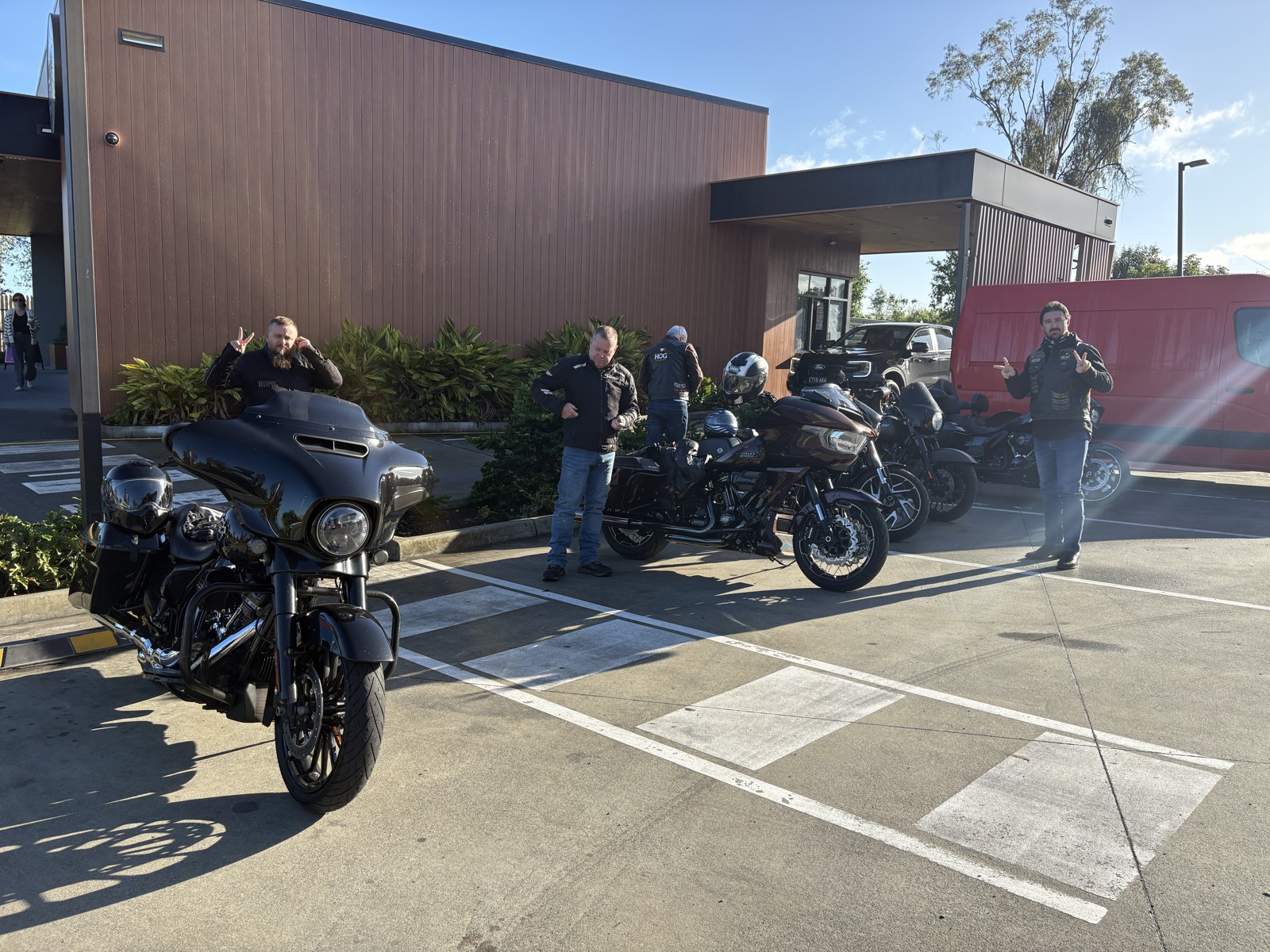 The crew geared up at the start - Starbucks, Yatala