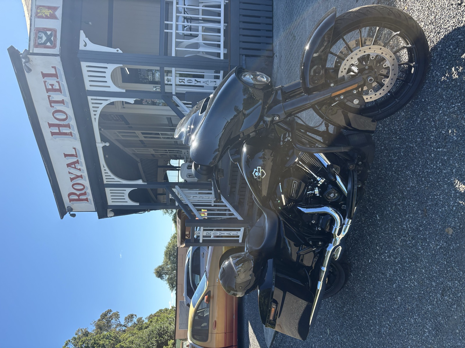 The Street Glide parked out front of the Royal Hotel, Harrisville